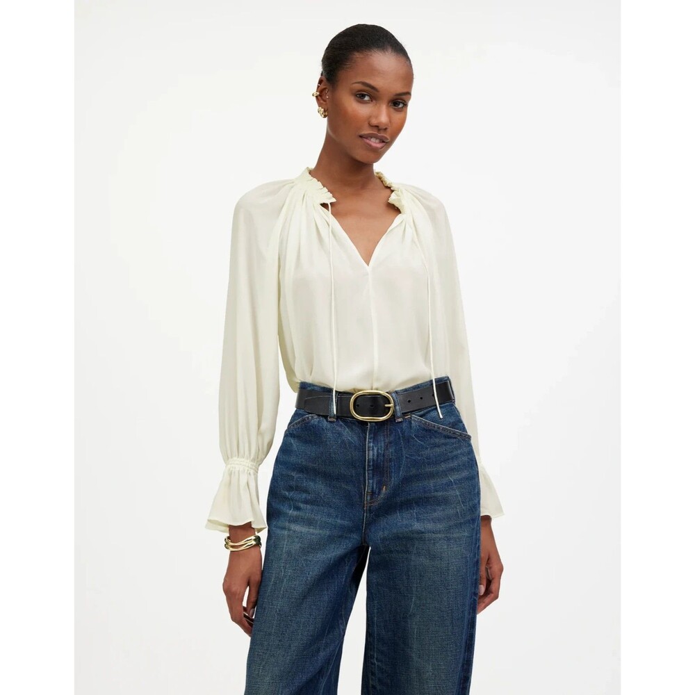 MADEWELL Long-Sleeve Tie-Neck Top XL Winter White Lightweight Semisheer NWT A1